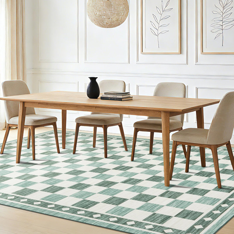 8x10 Checkered Area Rug, Abstract Washable Soft Rugs for Living Room, Modern Geometric Non Slip Low Pile Carpet for Bedroom, Dining Room, Green
