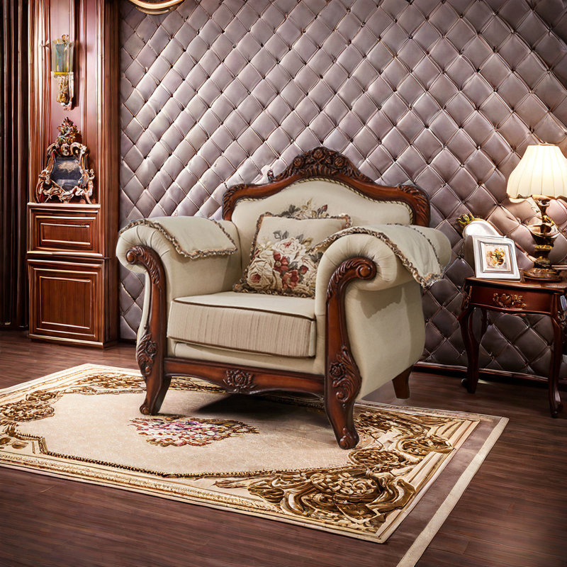 European Style Solid Wood Fabric Chair Upholstered Armchair