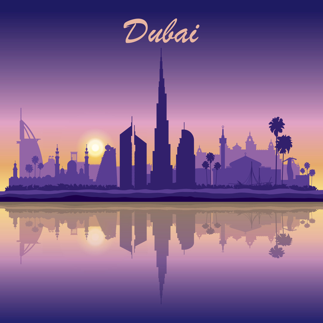 Dubai Skyline Silhouette On Sunset Background by Irayoflight - Wrapped Canvas Print