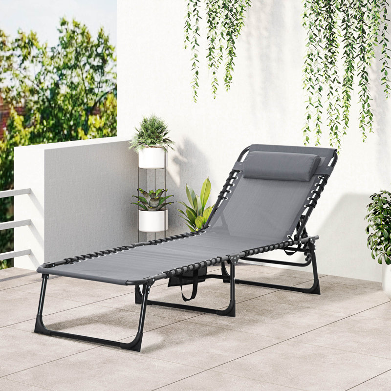 Outsunny Portable Sun Lounger Folding Camping Bed Cot Pillow Beige