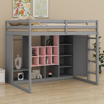 Wood Loft Bed With Wardrobe, Shelves And Cabinet