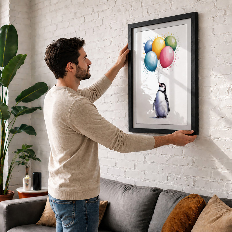 Penguin and Balloons Whimsical - Framed Print, Black, A4 - 29.7 x 21.0 cm