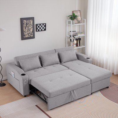 84"Adjustable Backrest Sofa Bed,3 In 1 Linen Sleeper With USB Ports & Cup Holders, Pull Out Couch Bed