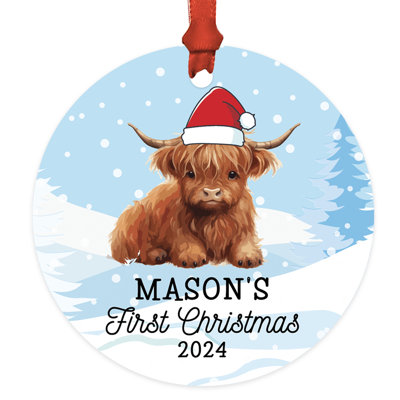 Ornement de vache Highland sur mesure avec le premier souvenir de Noël du chapeau du Père Noël