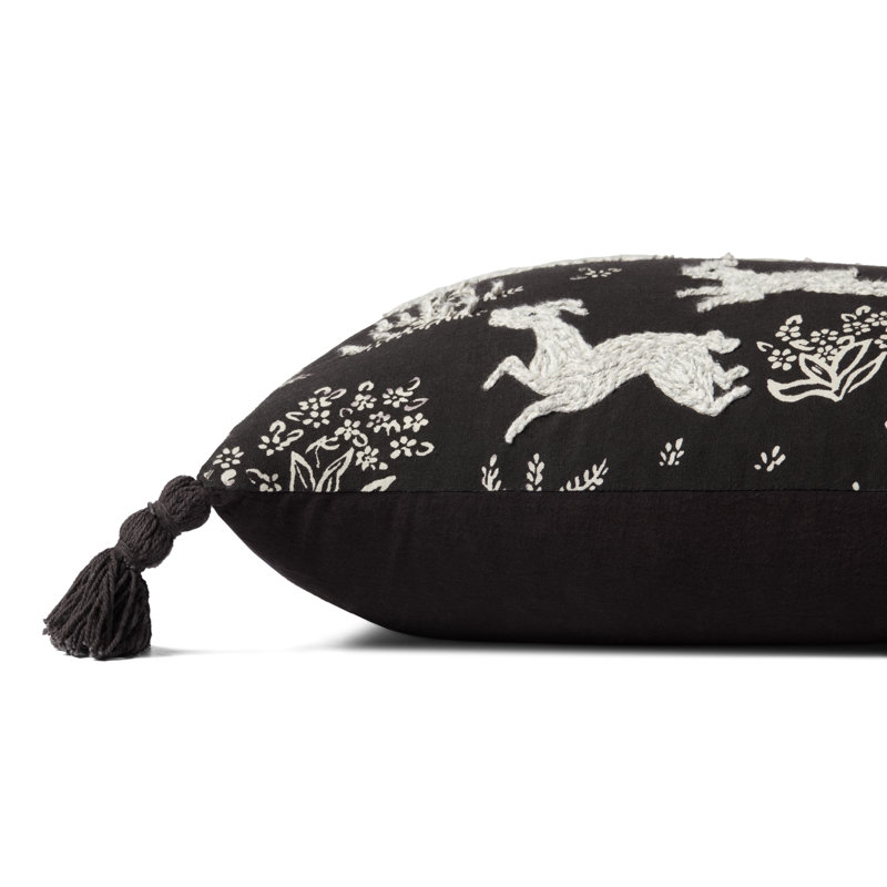 Black and Ivory Embroidered Cotton Lumbar Pillow with Tassels