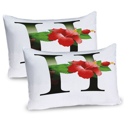 Ambesonne Letter H Pillow Sham 2 Pack Hibiscus Green Leaves 26""x20"" Vermilion Green Black -  pil-2_44534_26x20