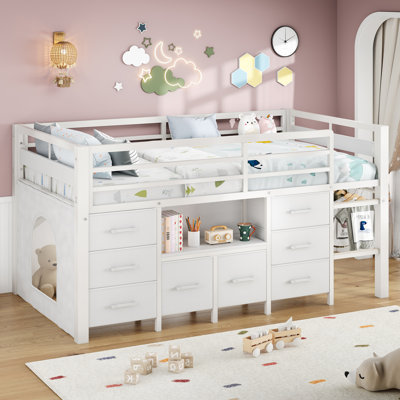 Metal Twin Size Low Loft Bed with 8 Storage Drawers & Bookcase, Under-bed Play Space & Play Curtain