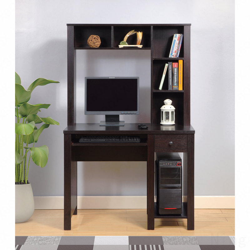 39"W Compact Student Home Office Desk with Hutch, Red Cocoa Espresso Wooden Knob with One Drawer & Keyboard Drawer, Espresso
