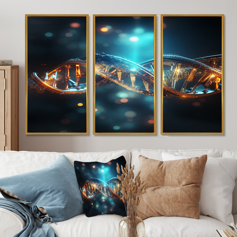 «Sparkling Helix ADN», ensemble d'art mural imprimé abstrait, Cadre flottant doré, H 32 po x l 48 po x P 1 po