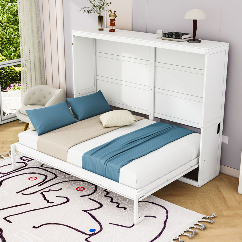 Budhan Wooden Murphy Bed Wall Bed, White, Queen