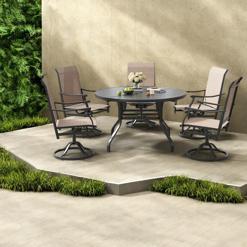 Patio Tables 47 In Metal Round, Modern Slat Top For Backyard Poolside