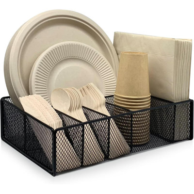 Black Metal Paper Plate & Utensil Caddy - 3-in-1 Organizer for Kitchen/Party/Camping (Forks, Spoons, Napkins, Cups)
