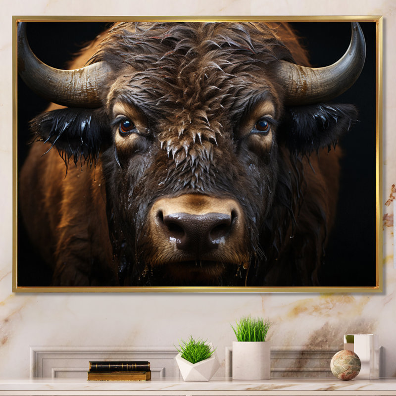 Bison Protrait I - reproduction de cadre flottant sur toile, H 34 po x l 44 po x P 1,5 po, Or