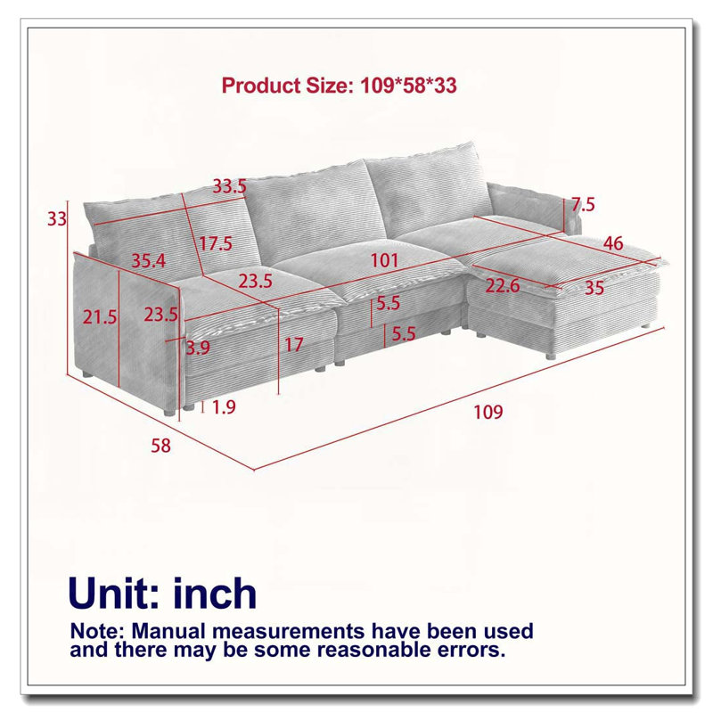 Corduroy Fabric 3-Seater Comfy Cloud Couch with Movable Footrest for Living Room, Black
