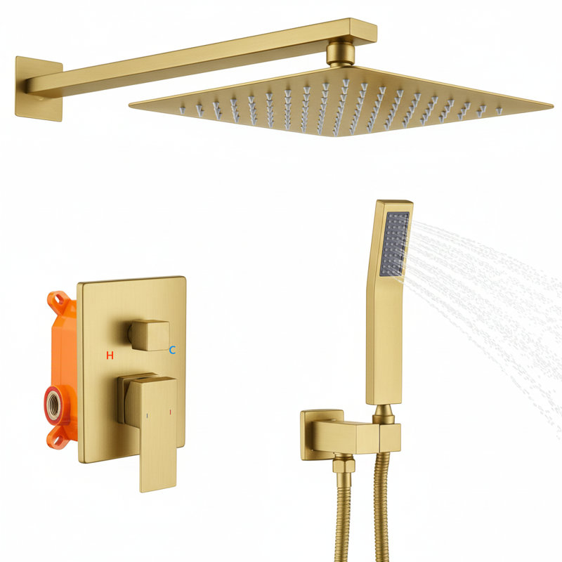 12-Inch Wall Mounted Rain Shower System with Handheld Shower Head and Rough-In Valve, Brushed Gold
