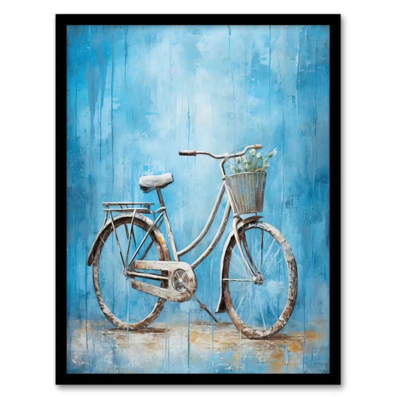Simple Elegant Bicycle On Blue Contemporary Flower Basket - Single Picture Frame Print
