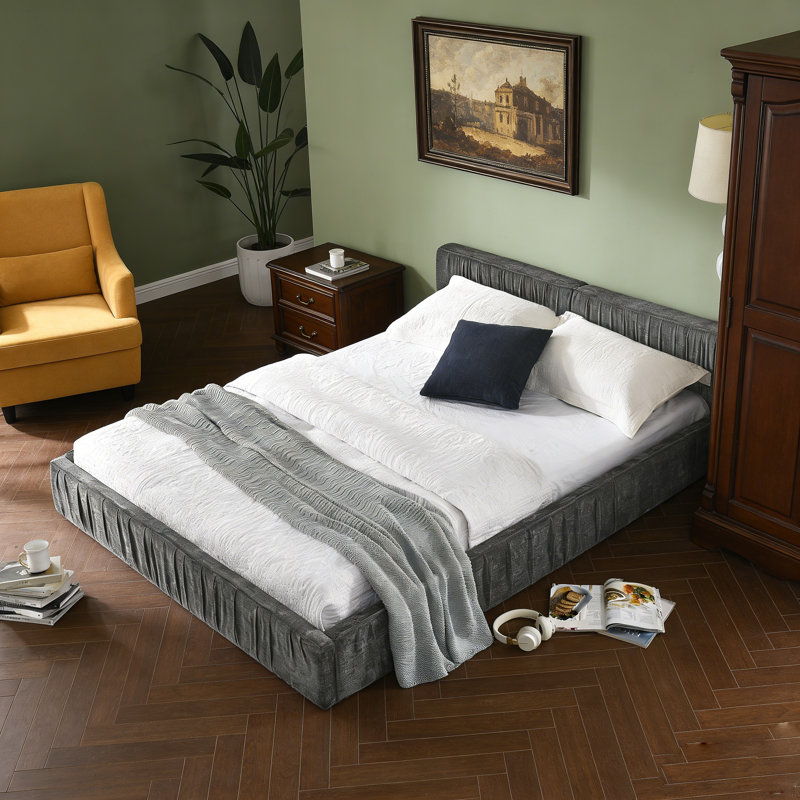 Upholstered Platform Bed with Channel Tufted Headboard, Low Profile Bed Frame with Chenille fabric, Dark Grey, Queen