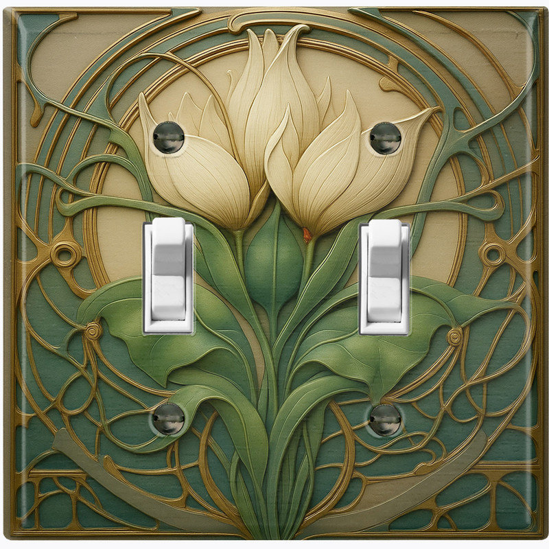 Couvercle de plaque d'interrupteur en métal; Bascule standard à 2 bandes US - image imprimée de fleurs rétro, Double # 2