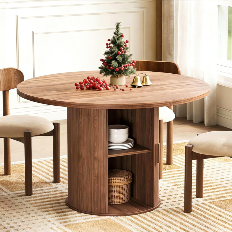 47-Inch Round Dining Table With Storage, Brown Wood