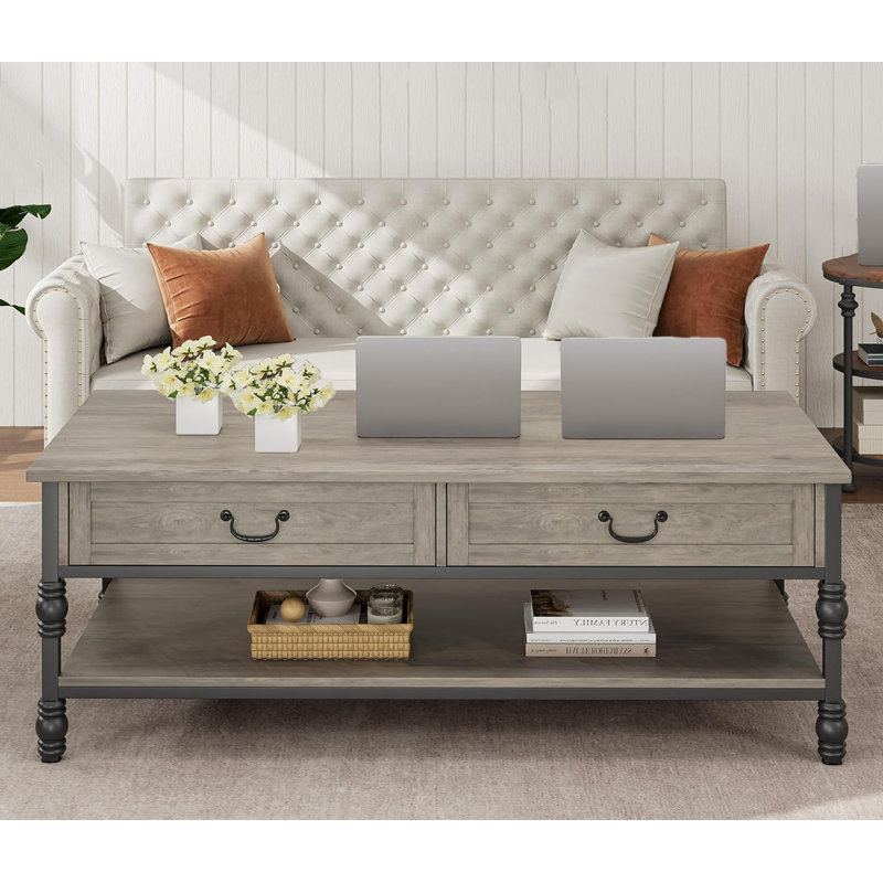 Table basse avec tiroirs, tables basses en bois de style Mid-Century, salon, Gris, Gris