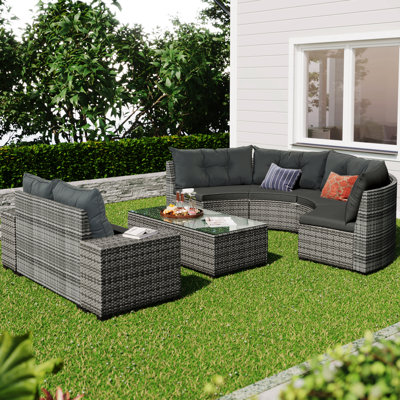 Ensemble de canapé rond en osier 8 pièces 8 pièces, ensemble de canapé modulaire demi-lune toutes saisons, ensemble de canapé incurvé avec table basse rectangulaire, coussin en rotin résistant à l'eau et protégé contre les rayons UV