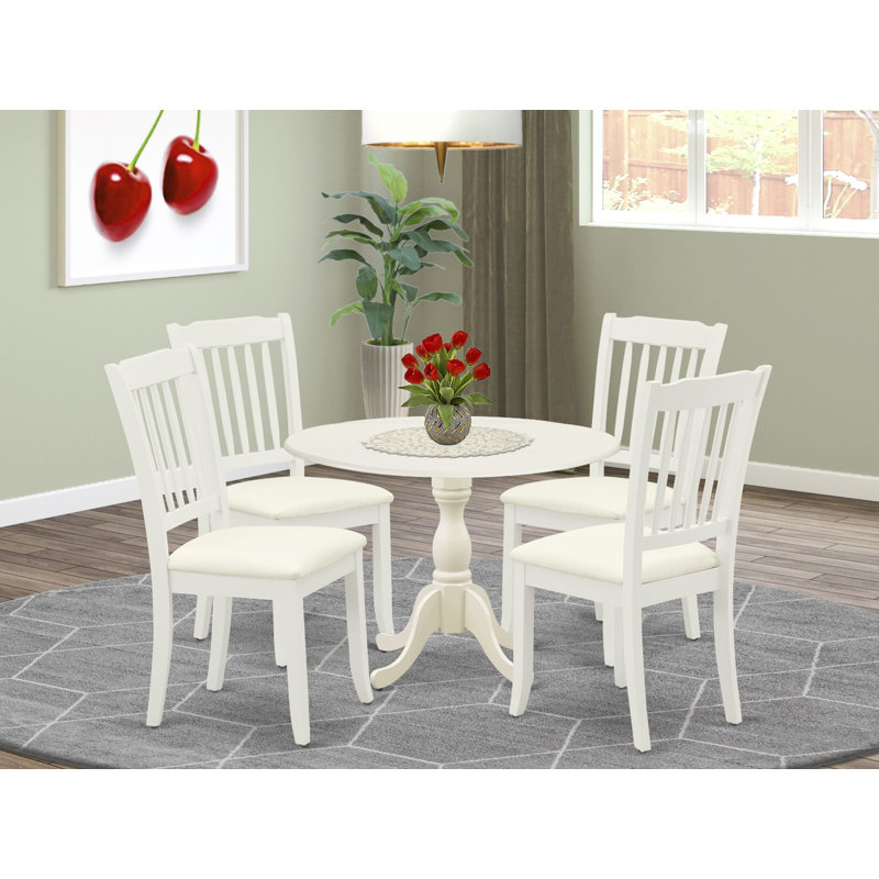 L'ensemble de 5 pièces pour salle à manger pour 4 personnes comprend une table de salle à manger ronde avec Dropleaf et 4 chaises rembourrées en tissu de lin, 42 x 42 pouces, blanc lin