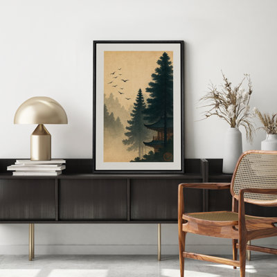 «Forest Temple and Flying Birds in Morning Haze», reproduction d'art sur toile encadrée