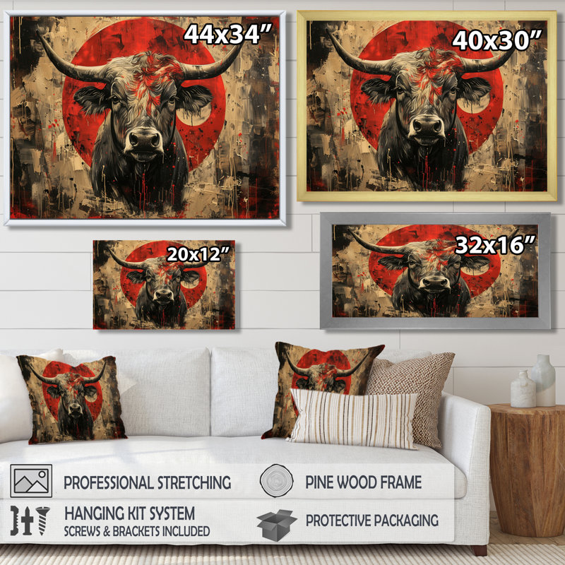 Taureau rouge, astrologie, taureaux courages - bovins, art mural, H 12 po x l 20 po, Cadre flottant blanc