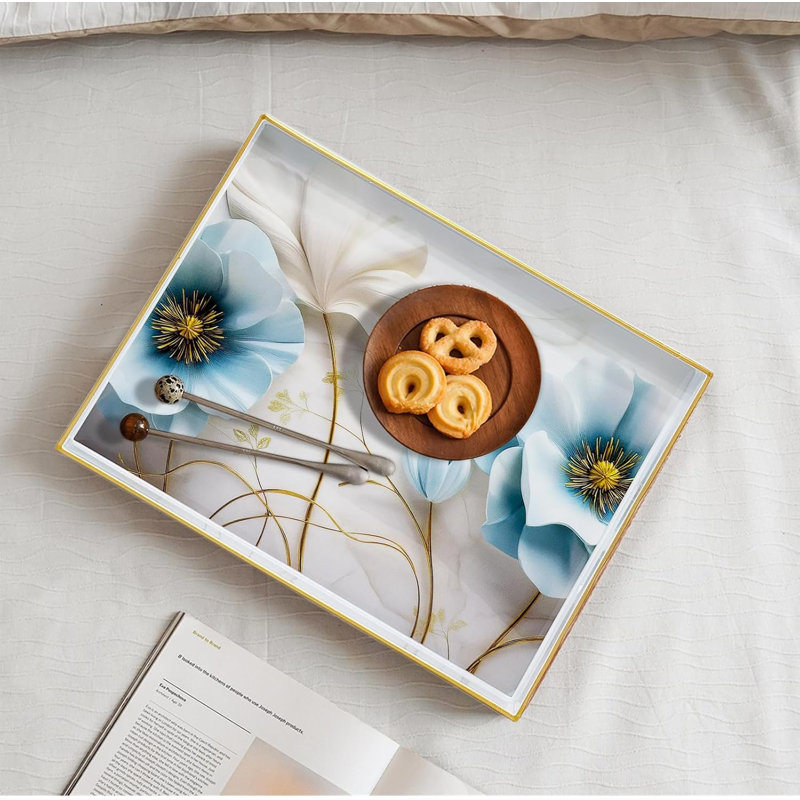 Exquisite Painted Blue Flower Serving Tray with Handles