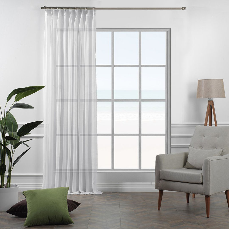 Pinch Pleat Extra Long & Exra Wide Silk Crep Single Panel Sheer, White, 52" W x 192" L