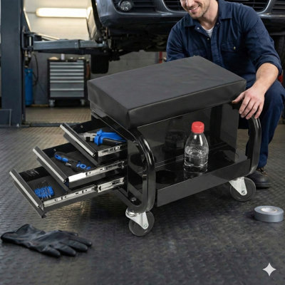Rolling Garage And Shop Seat With Three Built-In Drawers, Functioning As A Mobile Tool Chest, Finished In Black.