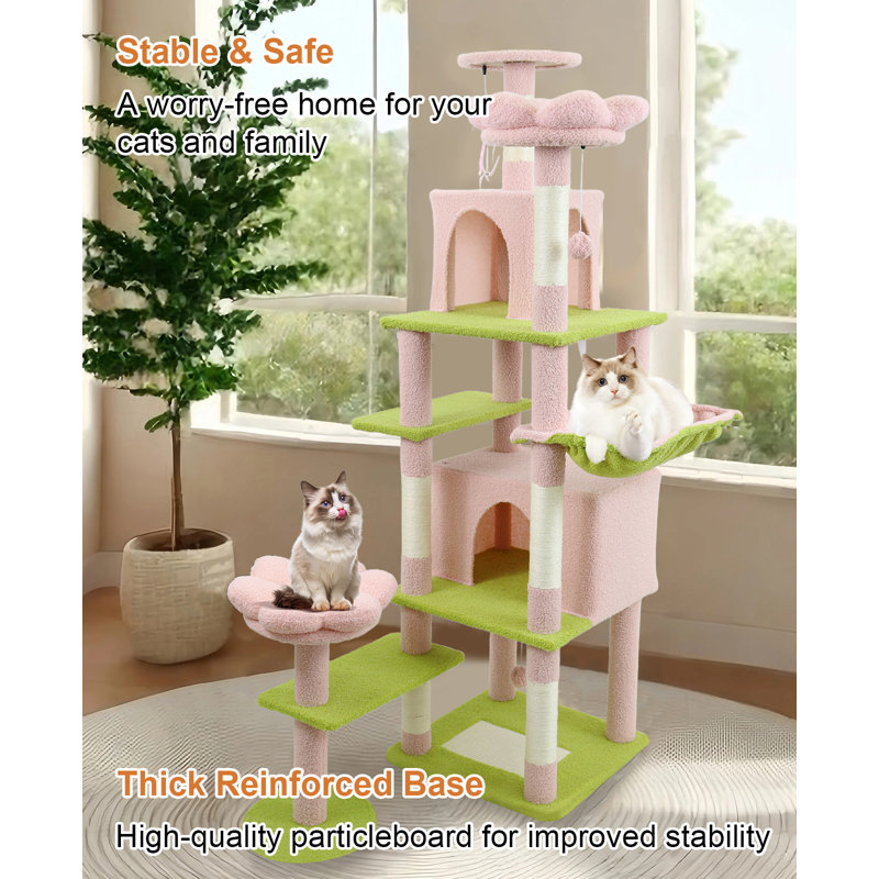 Arbre à chat en forme de fleur de 71 pouces, adapté aux chats, tour à chat à plusieurs étages de 7 niveaux, équipé de 2 habitats en peluche en forme de fleur, convient pour 4 à 5 chats.