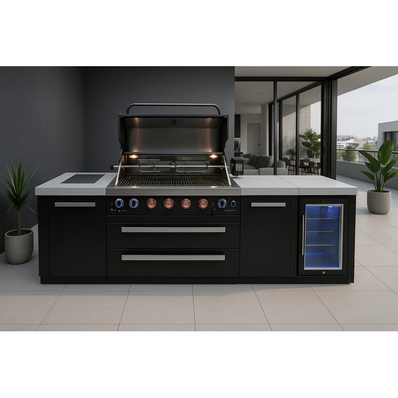 Mont Alpi Mai805-bssfc-exc 6-burner 115000 Btu Black Stainless Steel Island Outdoor Kitchen Bbq Gas Grill + Fridge Cabinet + Granite Countertops + + Grill Cover + 25" Right Extra Storage Cabinet