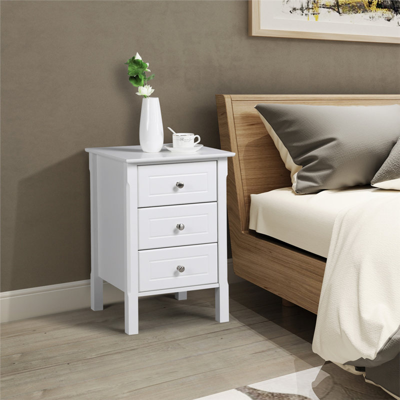 Modern 3 Drawer Bedside Table Nightstand, White, 1pcs