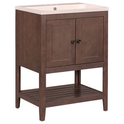 Lavabo de salle de bain moderne élégant en céramique 24 po avec tablette ouverte en bois massif