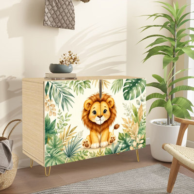 Buffet étroit de 35,4 po de largeur - armoire de rangement décorative à 2 portes avec un joli dessin de lion et des pieds en métal