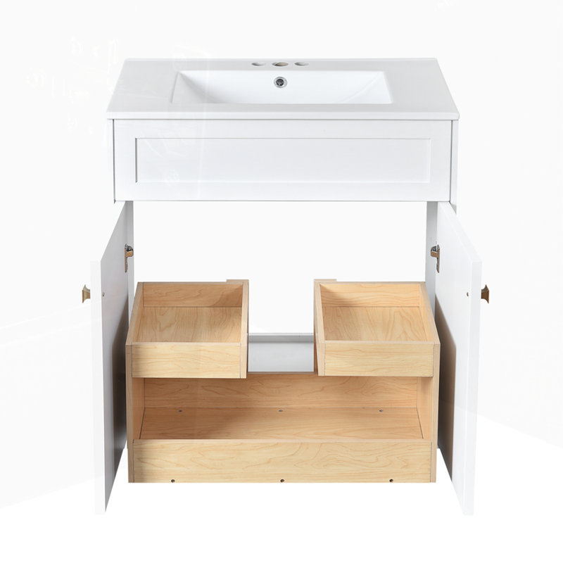 Meuble-lavabo autoportant avec poignées en céramique, Blanc