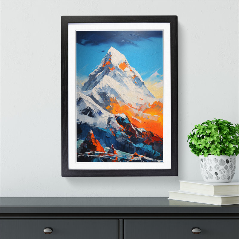 Mount Everest Action Painting - Single Picture Frame Print on Wood, 34cm H x 25cm W x 2cm D, Black Framed