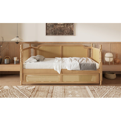 Traditional Style Rattan Daybed With Trundle For Limited Space, Guest Room, No Box Spring Needed