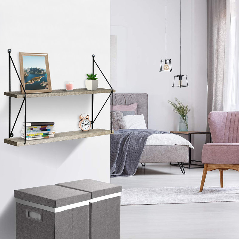 Lashandria Sorbus 2-Tier Floating Wood Shelf with Metal Brackets, Gray
