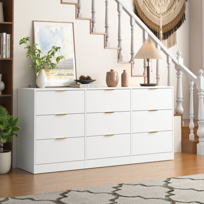 Commode blanche 9 tiroirs, grande commode profonde de 63 po, commode en bois avec 9 tiroirs pour la chambre à coucher, commodes longues pour le salon, couloir