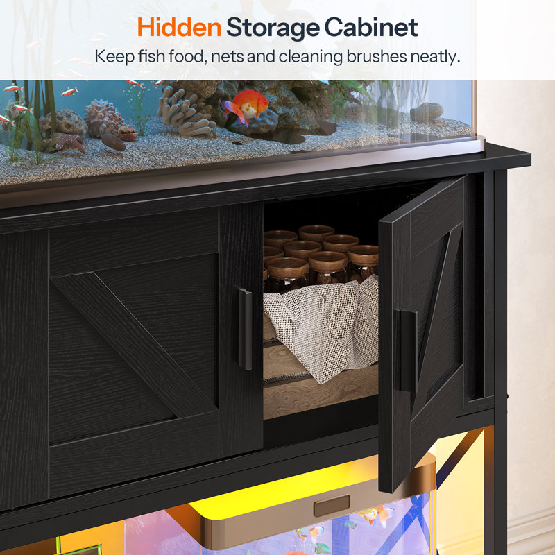 Black Metal and Particleboard Aquarium Stand with LED Light and Storage Cabinet