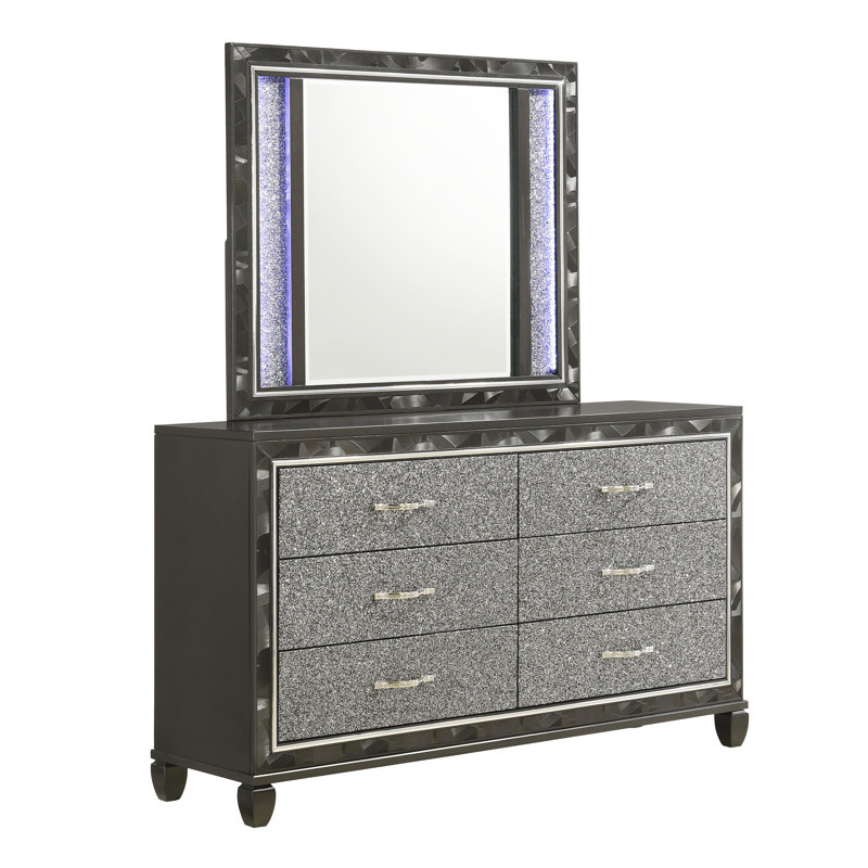 Commode 6 tiroirs 65,38 po avec miroir Joi, Noir, noir, noir, noir