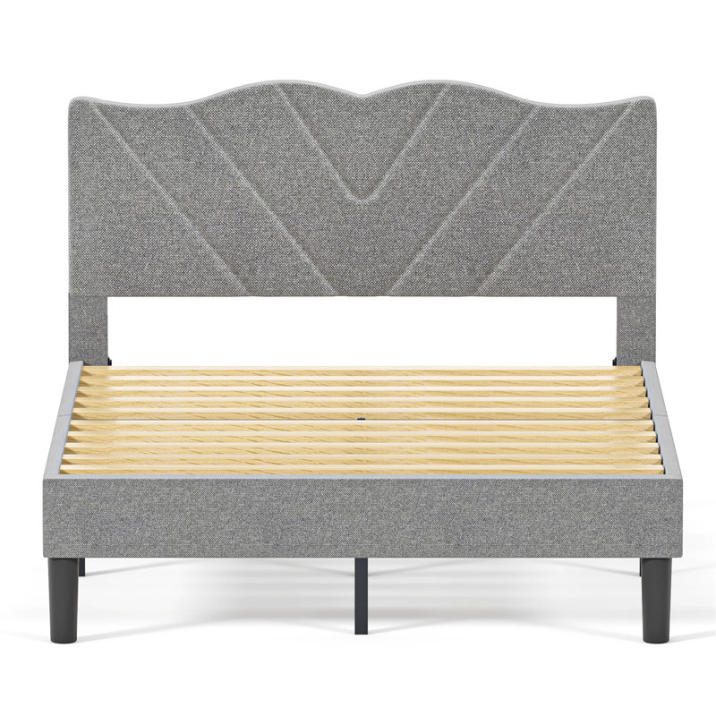 Structure de lit double avec tête de lit tapissier et lattes en bois massif, gris - aucun sommier requis, assemblage facile, utilisation robuste et bois requis, combinaison de métal