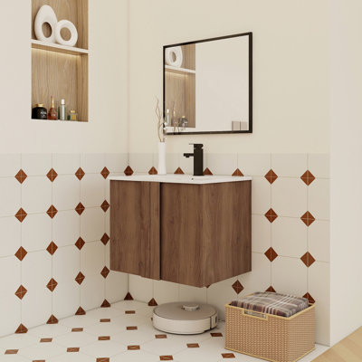 Ensemble de meuble-lavabo flottant 24 po avec lavabo, meuble-lavabo mural en ébène brun, portes à fermeture douce, ensemble de meuble-lavabo moderne peu encombrant