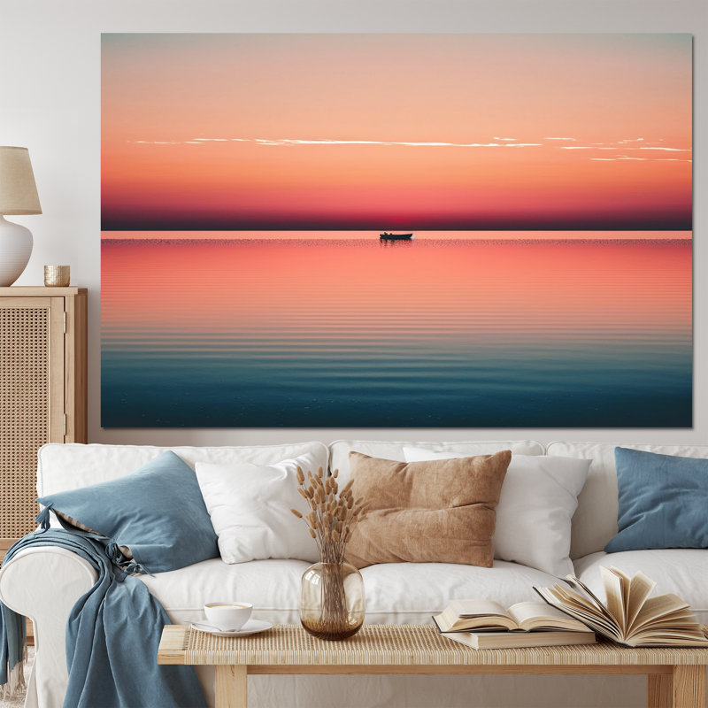 Minimaliste coucher de soleil pendant la pleine lune IV - art mural sur toile de bord de mer, H 40 po x l 60 po
