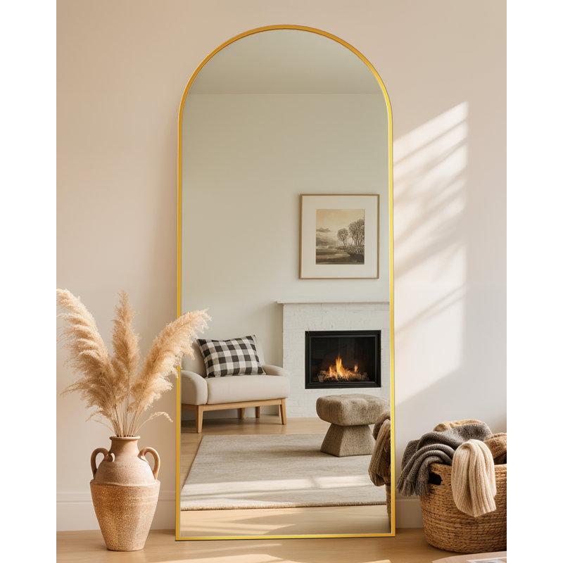 Miroir de plancher noir arqué avec support, miroir autoportant de 38 po x 77 po pour chambre à coucher, 64 po x 21 po, Doré