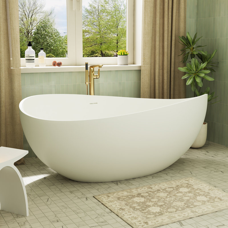 CASAINC 63" Solid Surface Freestanding Soaking Bathtub With Drain