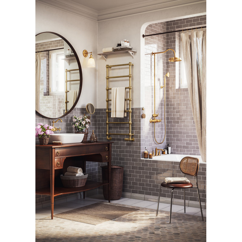 Retro Traditional Heated Towel Rail, 117cm H x 50.4cm W x 10.2cm D, Brass