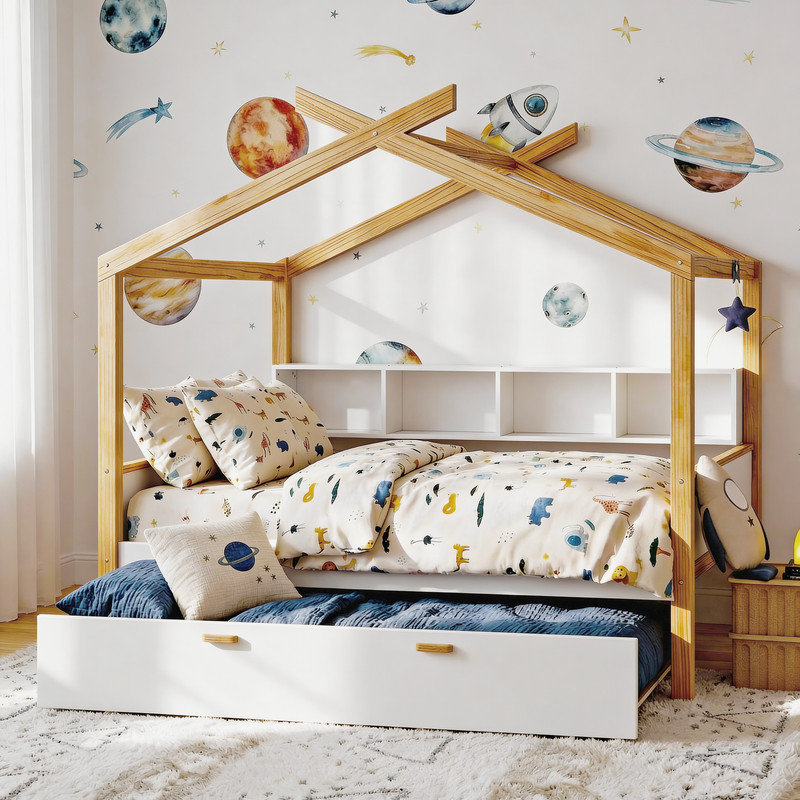 House-shaped Canopy Bed, Canopy Bed Frame with Bookshelf Storage Space, Twin